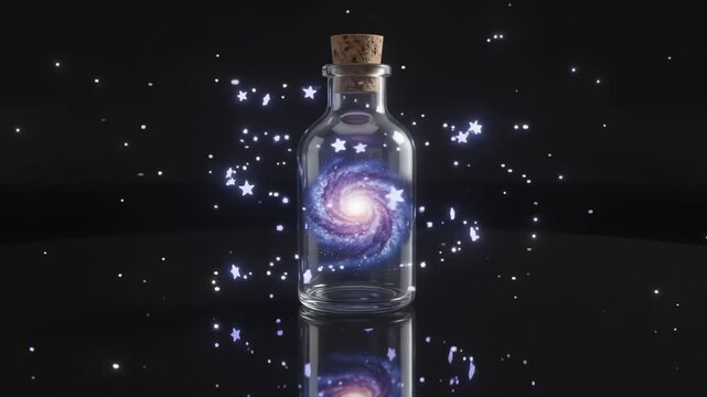 A small glass bottle containing a glowing spiral galaxy with floating stars on a dark background.