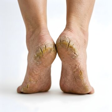 A closeup picture of cracked heels which happen when dry skin on the bottom of the foot splits due to pressure and a lack of moisture