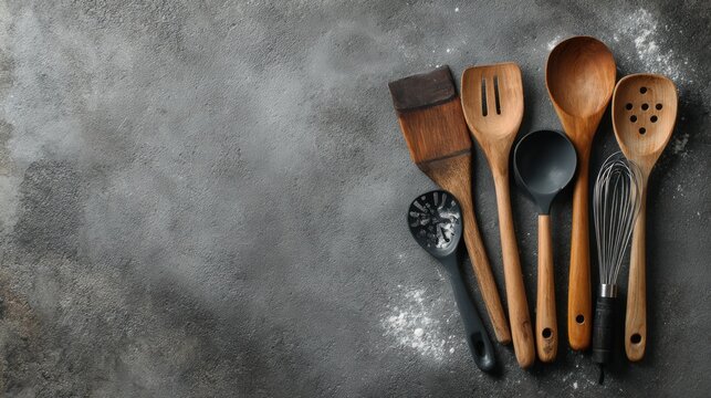 Rustic wooden kitchen utensils on gray stone background, cooking tools flat lay, culinary preparation concept with copy space