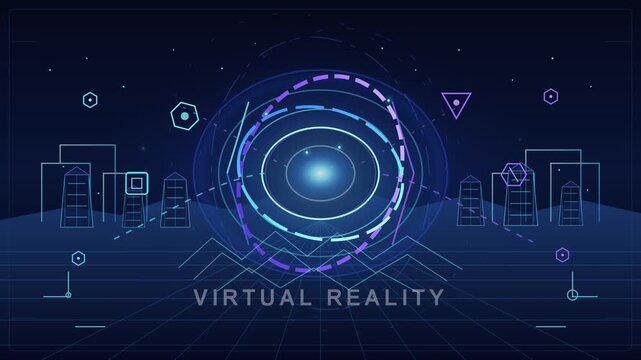Futuristic virtual reality HUD interface, neon blue sci-fi digital hologram, high-tech cyberspace grid with abstract city skyline