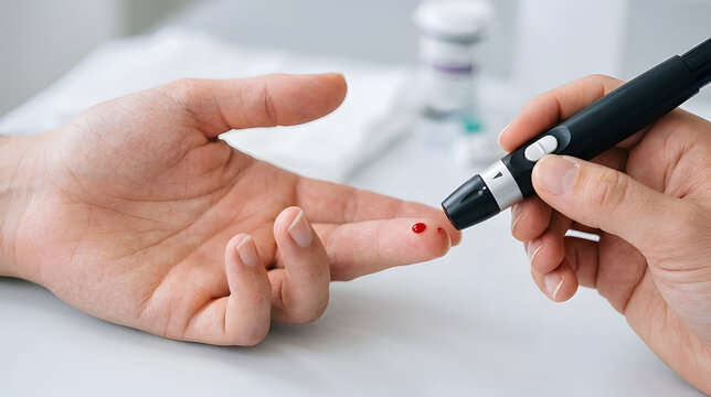 Close Up Patient Testing Blood Sugar Level with Lancelet for Diabetes Monitoring