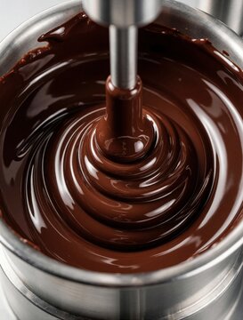 Close up of melted dark chocolate in metal container. Liquid cocoa swirl shows high viscosity during food quality control test. Pro lab equipment measures texture of smooth chocolate sauce for