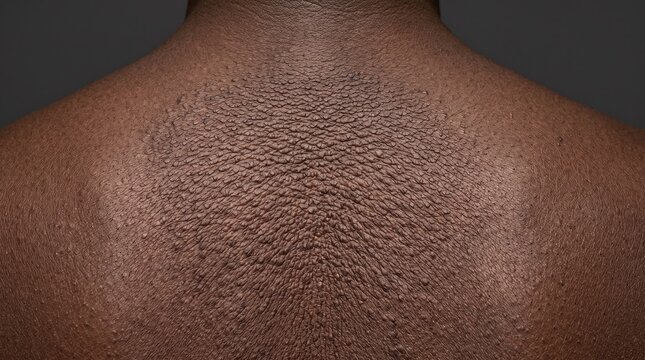 Lichen simplex chronicus or macular amyloidosis scaly hyperpigmentation patch on dark skin back of neck.