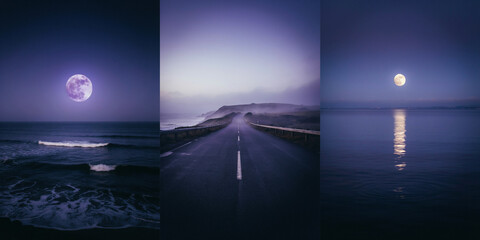 Obraz premium Triptych of a full moon over dark ocean waves and a lonely road at night with foggy sky