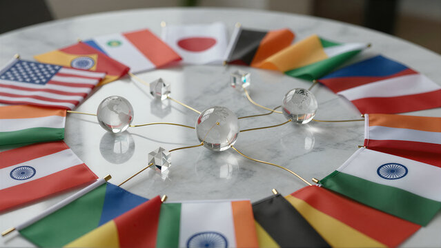 Global Partnership and Diplomacy: World Flags on Marble