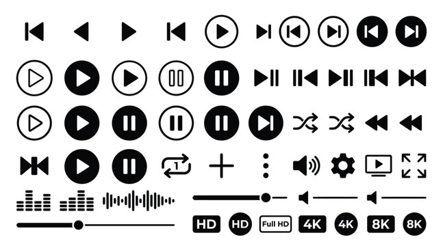 A comprehensive black and white vector icon set featuring various media player control buttons for digital interface design projects