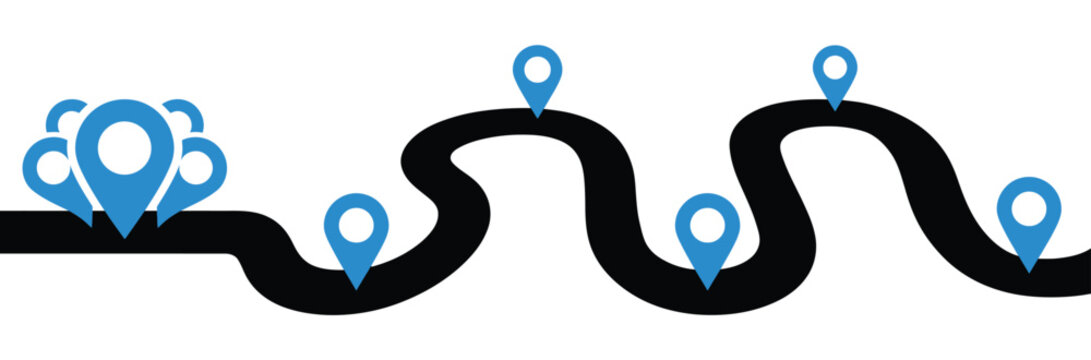 A professional infographic design element featuring a winding road path with blue location pin markers in an icon set style