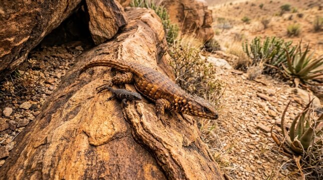 Armadillo girdled lizard climbs on a rocky surface in its arid habitat