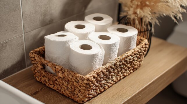 Rustic bathroom toilet paper rolls in woven basket, white tissue on wooden shelf, cozy home storage organization