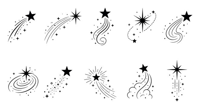 Shooting star icons and celestial comet symbols in a minimalist black line art style featuring falling stars, sparkles, and astronomical trails for decorative design