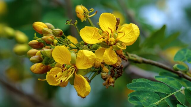 Yellow flowering branch macro photo, golden blossom cluster with buds and green leaves, spring nature botanical background