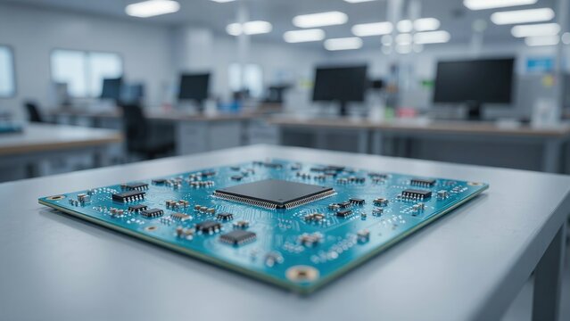 Close-up of a blue printed circuit board prototype sitting on a clean office laboratory desk. Concept for computer hardware innovation and technology research.