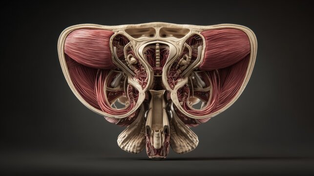 Anatomical elephant head cross section, detailed muscle and skull cutaway illustration, veterinary anatomy concept on dark background