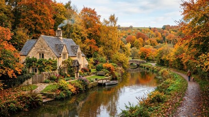 Obraz premium Charming stone cottage nestled beside a tranquil river in vibrant autumn foliage