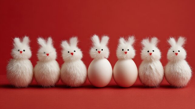 Fluffy white bunny toys and egg on red background, cute Easter decoration still life, minimal holiday photo backdrop