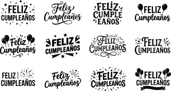 Set of twelve different spanish happy birthday greeting cards featuring decorative typography in a striking black and white silhouette