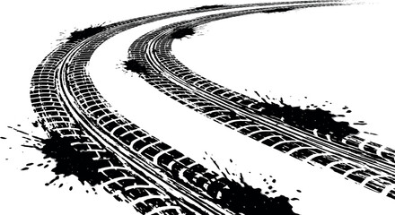 Obraz premium Black tire tracks with mud splatters curving across the surface representing speed, drifting, and automotive racing adventures