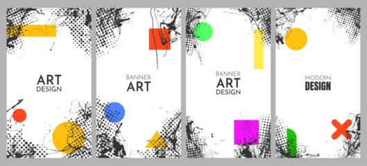 Editable vector illustration. Modern art background with black ink splatter, halftone dots and colorful geometric shapes. Trendy design layout for flyer, leaflet, voucher, coupon, advert, marketing © VVadi4ka