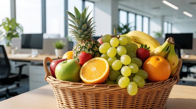Fresh fruit basket with pineapple, grapes, banana, orange, apple, strawberry sits on office desk. Healthy organic snack in wicker basket provides wellness, energy in modern bright workspace. Colorful
