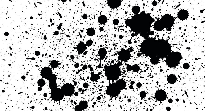 Black ink splatters and liquid paint drops creating a messy grunge texture with artistic abstract stains, spray patterns, and dirty droplets