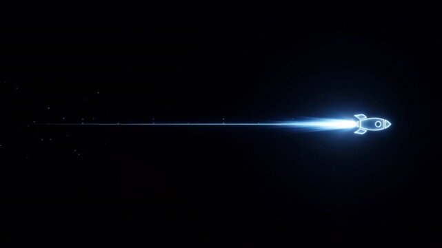 光の宇宙ロケットアイコンが水平ライン上を高速移動するホログラムCG背景