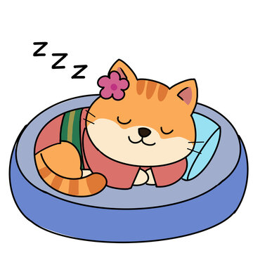 Cute cartoon orange cat wearing a kimono sleeping peacefuly in a blue pet bed.