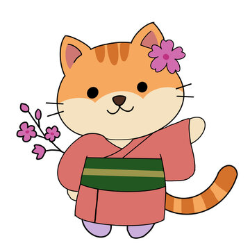 Cute cartoon orange cat  wearing a kimono holding a cherry  blossom branch waving hand. 