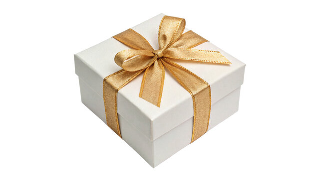 Elegant white square gift box wrapped with luxury golden ribbon isolated on transparent background