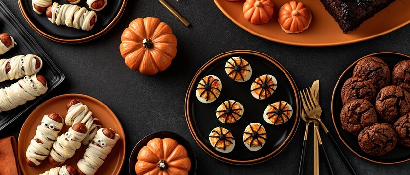 Overhead flat lay of festive Halloween party food mummy hot dogs, spider deviled eggs, chocolate cookies, brownies, and mini pumpkins on black and orange plates. Perfect for seasonal.
