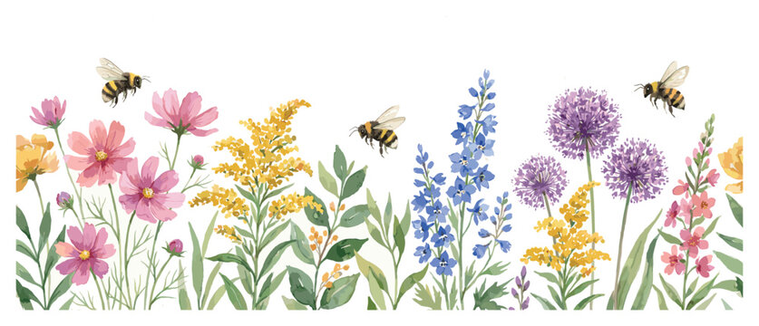 Watercolor illustration of wildflowers and flying bumblebees creating a vibrant horizontal floral border with colorful summer blossoms like cosmos, delphinium, and allium