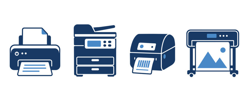 Office and home printing equipment icon set featuring a standard desktop printer, multifunction copier machine, barcode label printer, and large format plotter