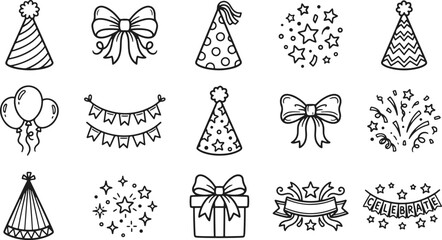 Fototapeta premium Set of hand drawn birthday party elements featuring hats balloons bows and festive decorations in a black ink silhouette