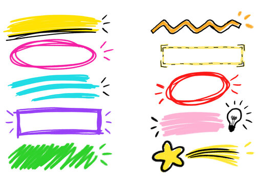 Hand drawn highlighter marks frames and doodle lines isolated on transparent background