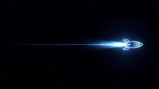 光の宇宙ロケットアイコンが水平ライン上を高速移動するホログラムCG背景