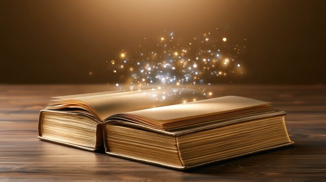 Enchanting Open Book with Sparkles and Glowing Light on a Wooden Table Setting