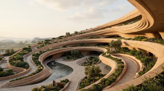 Futuristic architecture blends seamlessly with a lush green hillside landscape