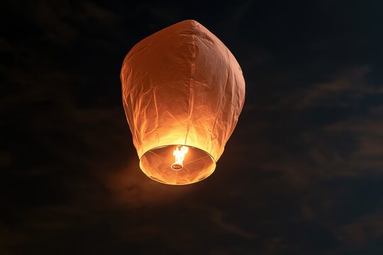 Red paper sky lantern glowing with flame at night sky