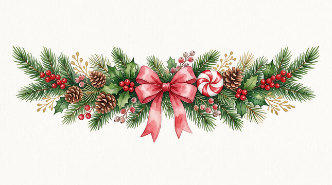 Watercolor christmas garland with pine branches red berries and a decorative ribbon bow isolated on white background