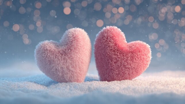 Romantic pink heart shapes in snow, cozy winter love background with soft bokeh lights and pastel texture