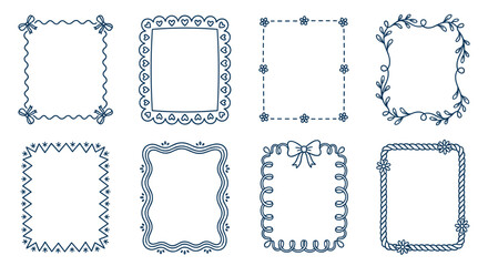 Obraz premium Hand drawn decorative doodle border frames set featuring cute hand-drawn elements like hearts, bows, flowers, leaves, and wavy lines for creative design projects
