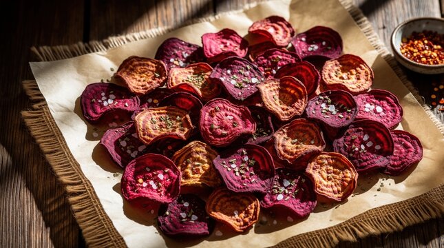 Healthy beetroot chips seasoned with herbs and salt piled on rustic paper. Colorful crunchy vegetable crisps baked at home, a delicious vegan snack.