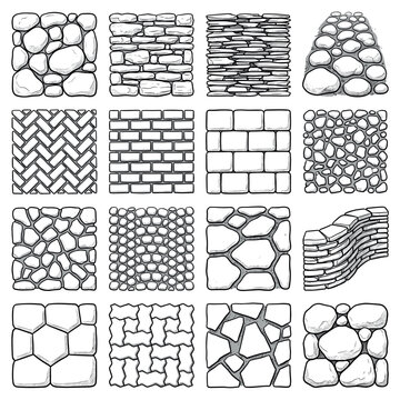 Hand drawn stone wall patterns including brickwork, cobblestone, flagstone, and interlocking pavement textures in a black and white sketch style