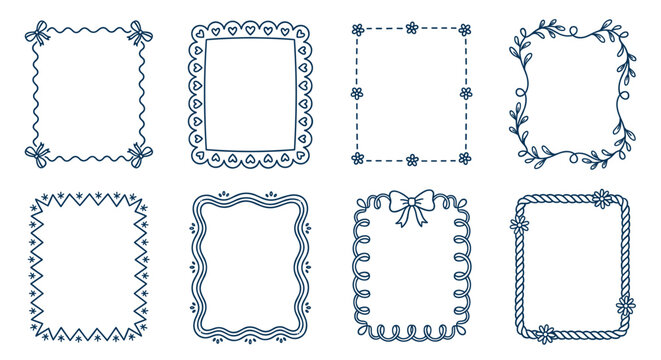 Hand drawn decorative doodle border frames set featuring cute hand-drawn elements like hearts, bows, flowers, leaves, and wavy lines for creative design projects