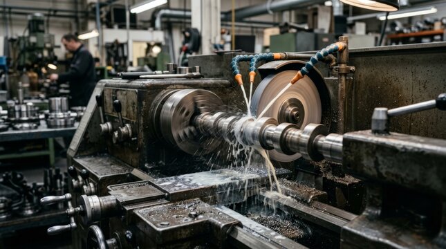 A close up shot of a camshaft being ground on an industrial lathe with a heavy flow of cnc machine coolant splashing onto the spinning metal piece in a machine shop