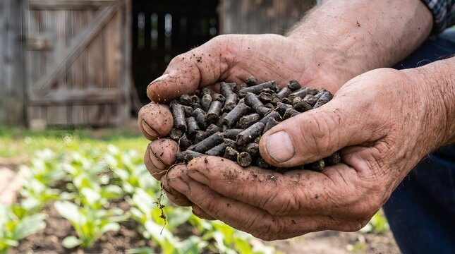 Farmer holding dark organic fertilizer pellets in cupped hands outdoors