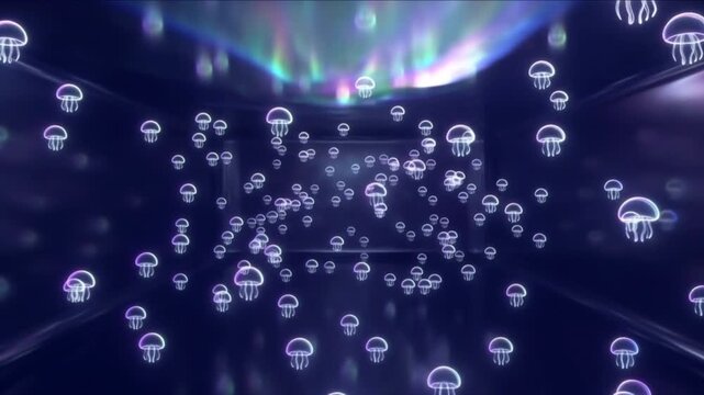 虹色に輝くミニマルなクラゲアイコンが深海空間を漂い前進する抽象CG背景