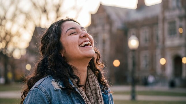 Student laughing woman eyes closed campus joy happy university carefree. A young woman throws her head back laughing at dusk outside a historic college building for wellbeing and education campaigns