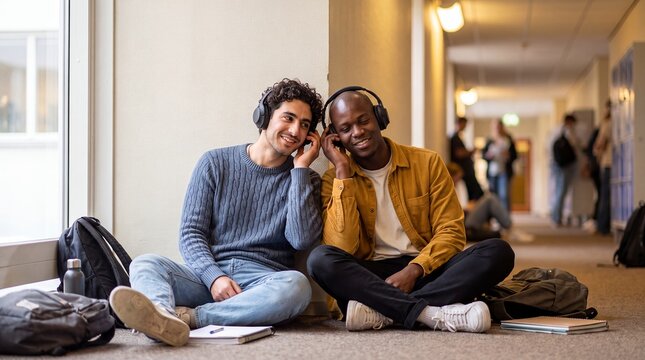 Students headphones music sharing hallway sitting floor friends listening relaxed. Two young men lean together sharing a pair of headphones on a corridor floor for music streaming promotions