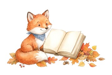 Fototapeta premium A fox with orange fur sits beside an open book on the ground. The surrounding area has various autumn leaves scattered around. This scene shows the essence of the autumn season