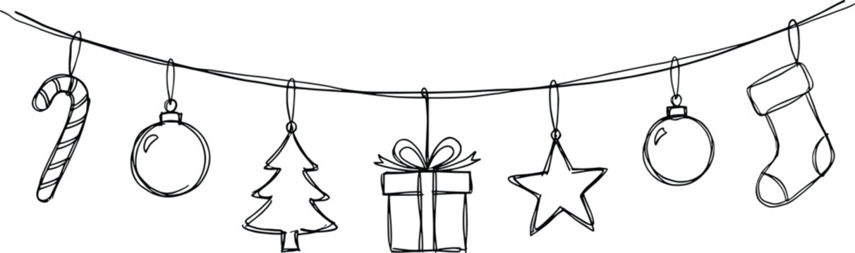 Hand drawn Christmas garland with festive ornaments, black and white holiday border sketch, minimalist winter decoration vector for seasonal cards